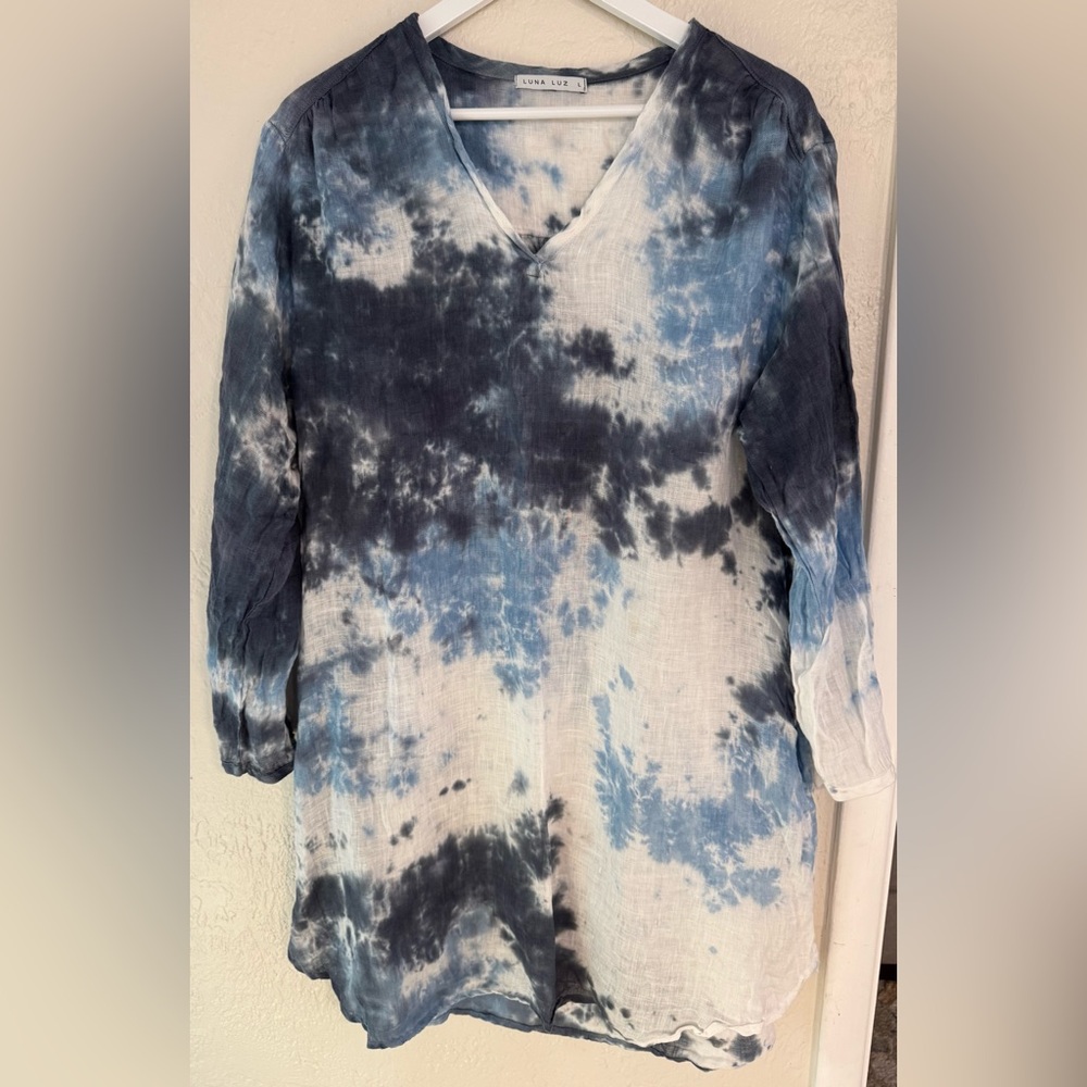 Luna Luz Linen Tie Dye Shift Dress Lightweight Breathable Lagenlook Coastal Boho